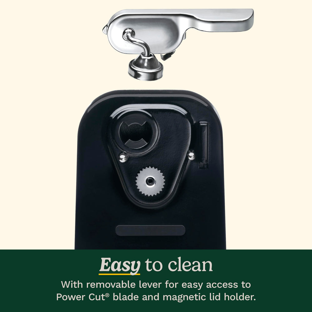 Cuisinart electric can opener in use opening a soup can for effortless hands-free convenience