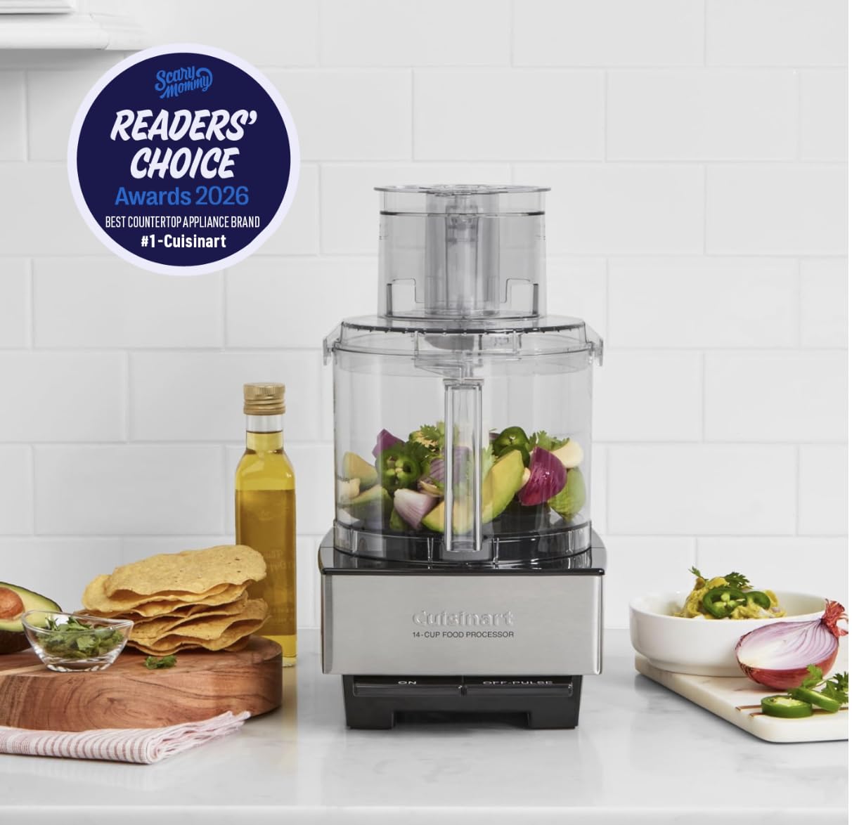 Cuisinart work bowl filled with vegetables, faster batch processing benefit