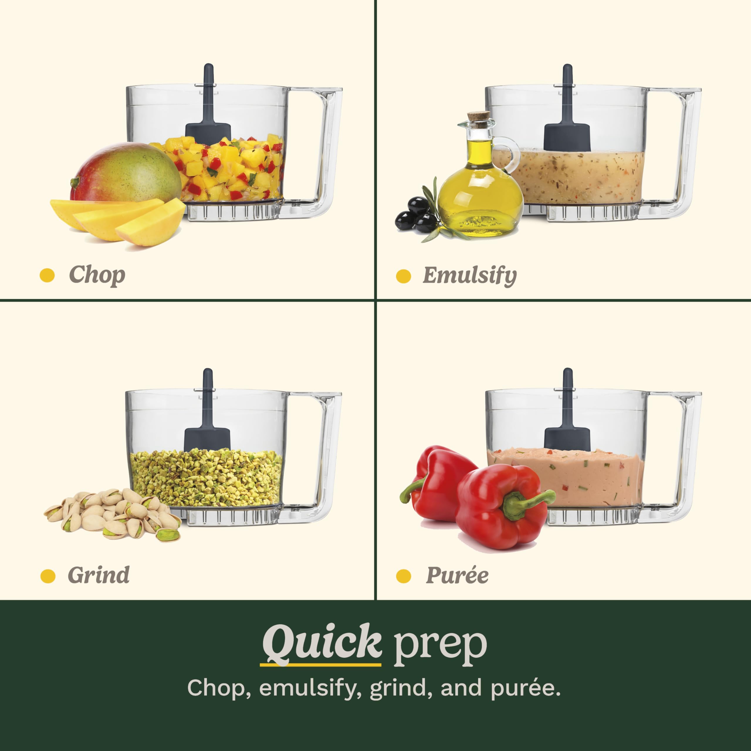 Cuisinart mini-prep in use chopping fresh herbs to save time and deliver consistent texture