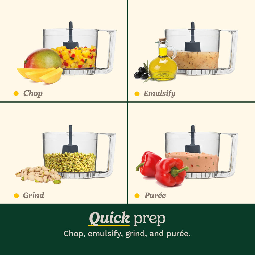 Cuisinart mini-prep in use chopping fresh herbs to save time and deliver consistent texture