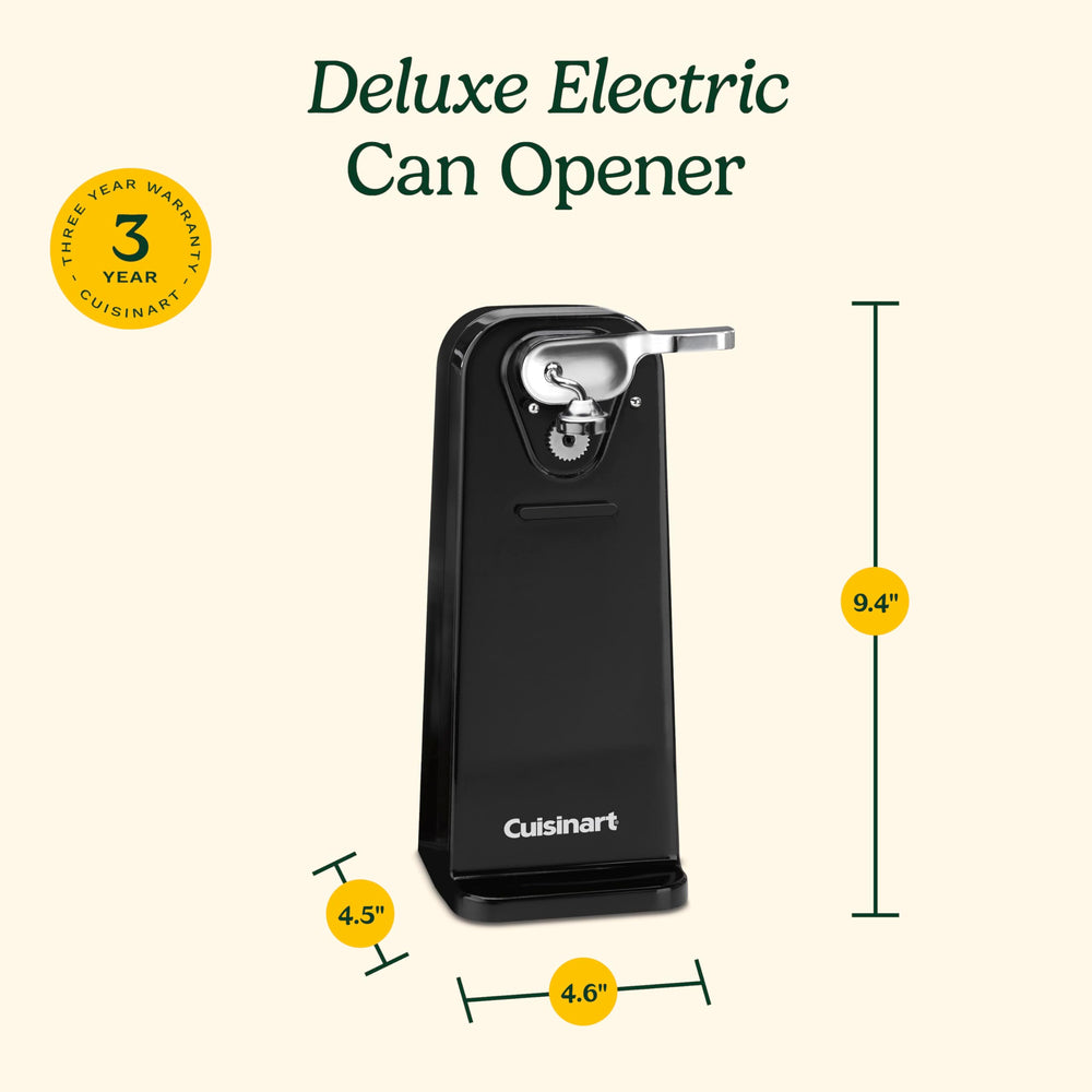 Cuisinart can opener beside a coffee mug showing compact scale and countertop fit