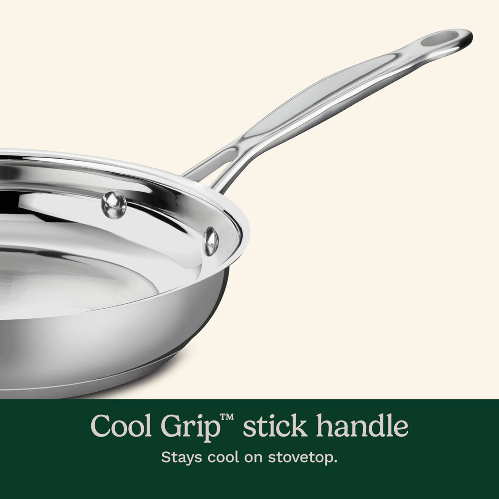 Cuisinart skillet riveted stainless handle close-up providing secure grip and cool-touch benefit
