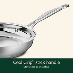 Cuisinart skillet riveted stainless handle close-up providing secure grip and cool-touch benefit