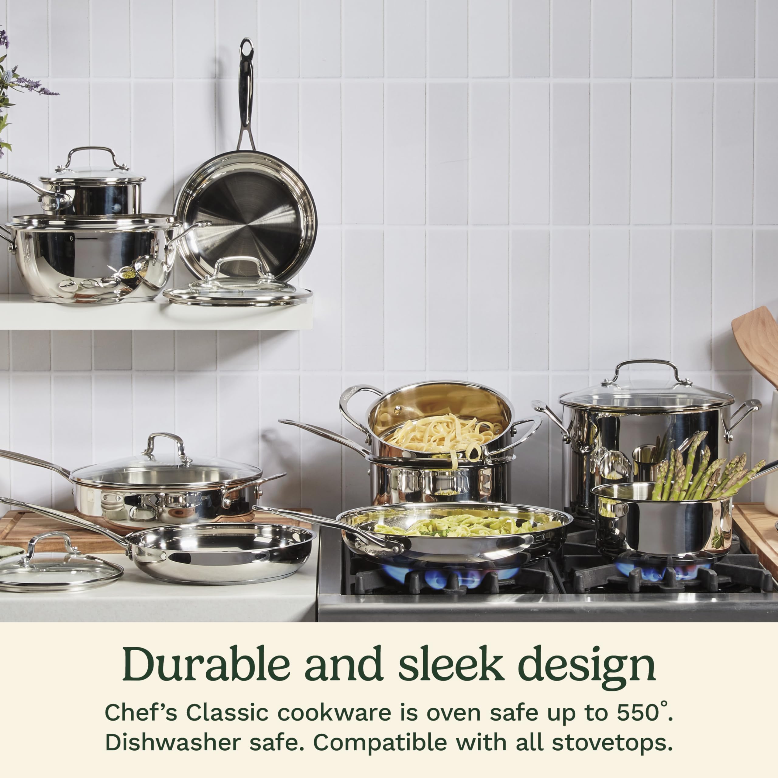 Cuisinart skillet sautéing vegetables on stovetop demonstrating even cooking and easy tossing