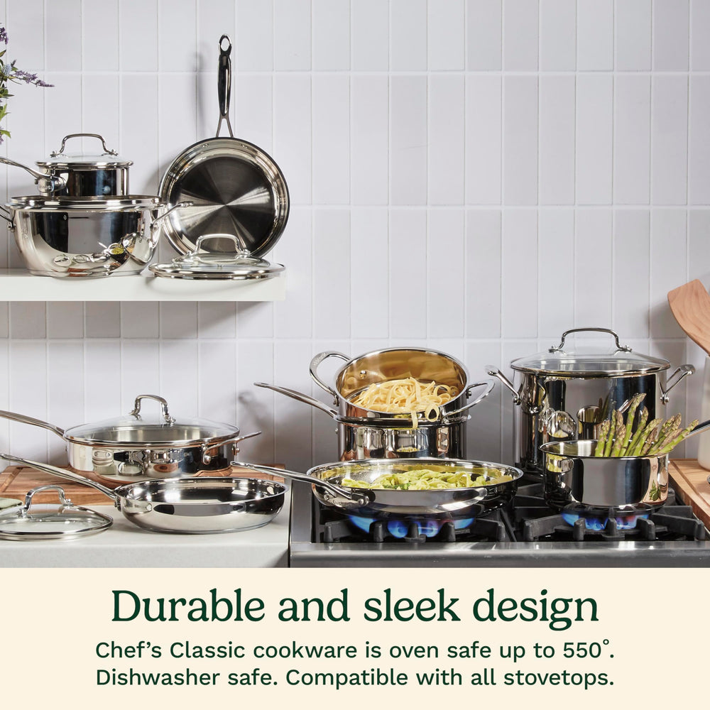 Cuisinart skillet sautéing vegetables on stovetop demonstrating even cooking and easy tossing