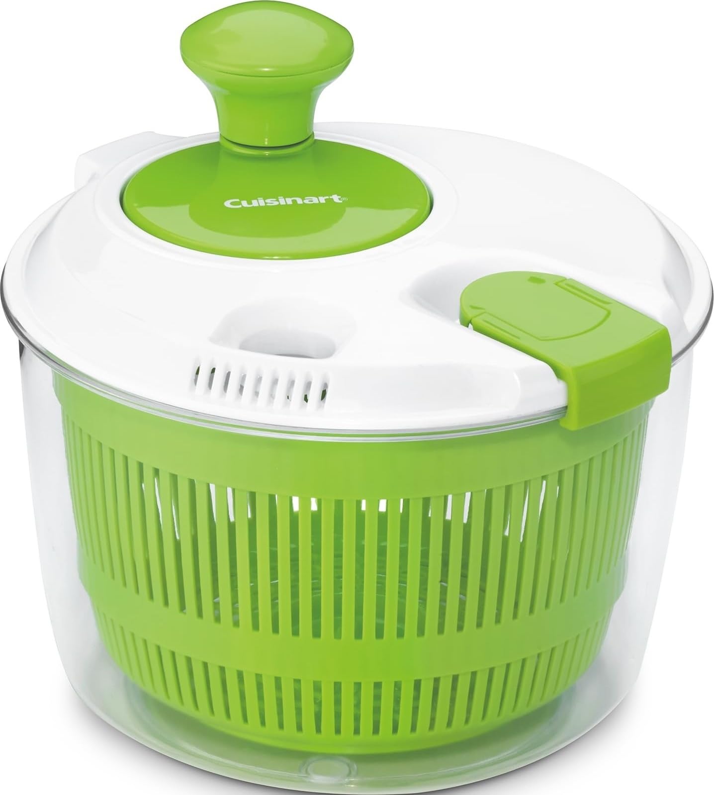 Cuisinart front view of spinner showing clear bowl and knob, ready to prep
