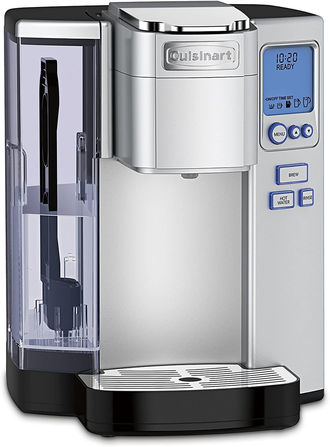 Cuisinart front view of brewer showing compact stainless-steel design and controls, tidy countertop benefit