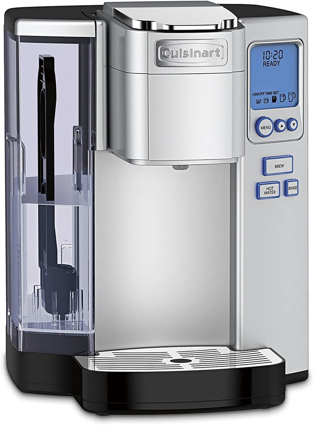 Cuisinart front view of brewer showing compact stainless-steel design and controls, tidy countertop benefit