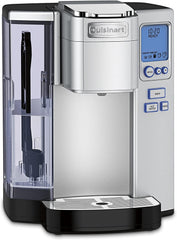 Cuisinart front view of brewer showing compact stainless-steel design and controls, tidy countertop benefit