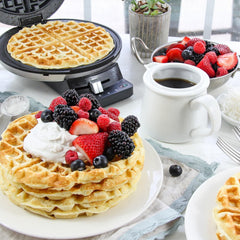 Cuisinart waffle maker open showing nonstick plates for easy release
