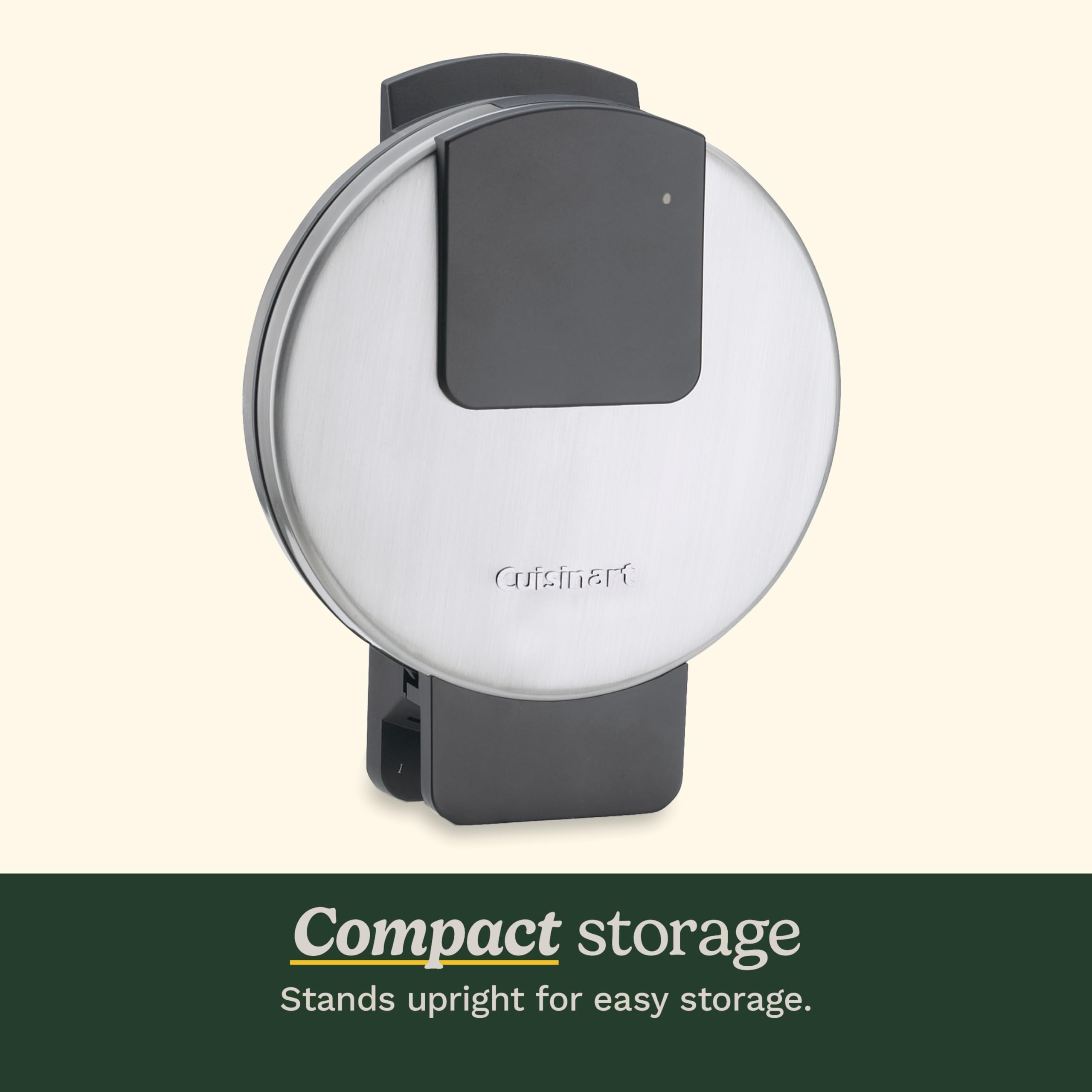 Cuisinart waffle maker standing upright to save storage space