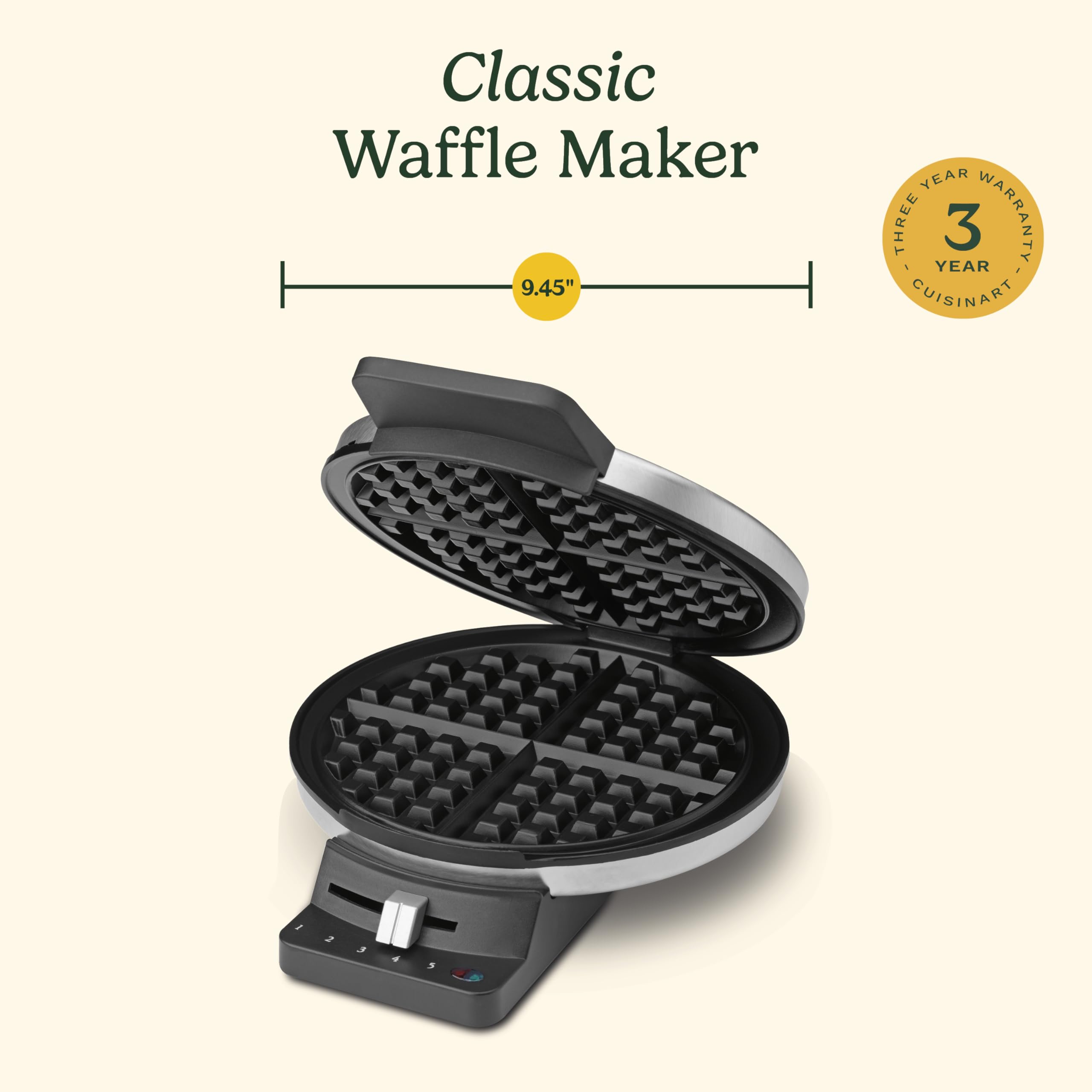 Cuisinart waffle next to plate showing waffle size and portion
