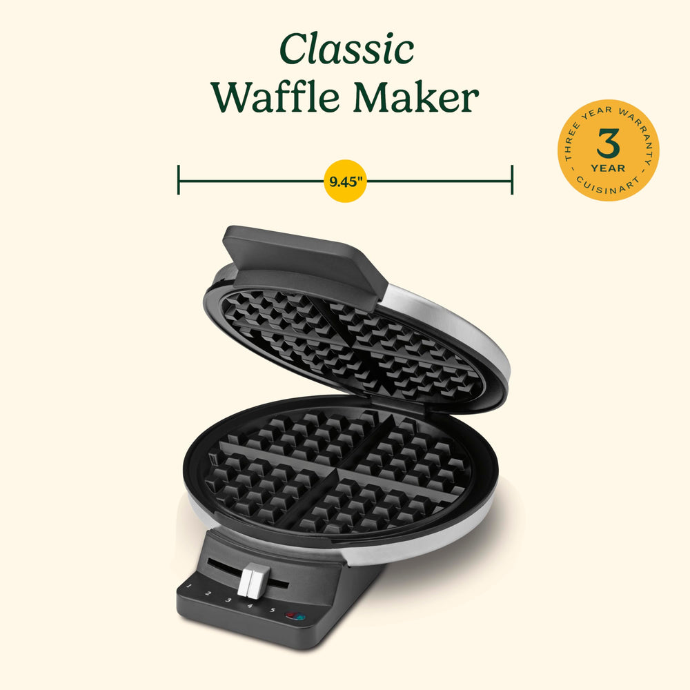 Cuisinart waffle next to plate showing waffle size and portion