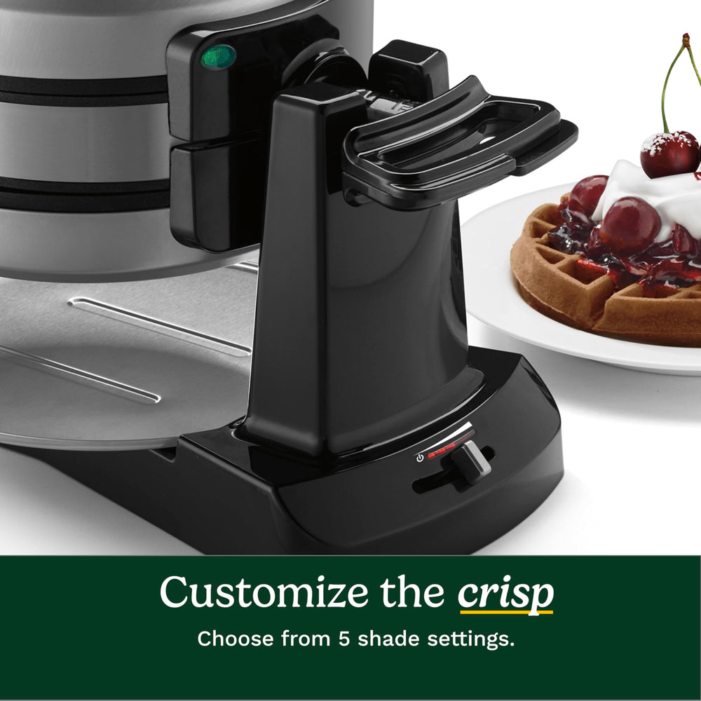 Cuisinart waffle next to fork demonstrates one-inch thickness and serving scale