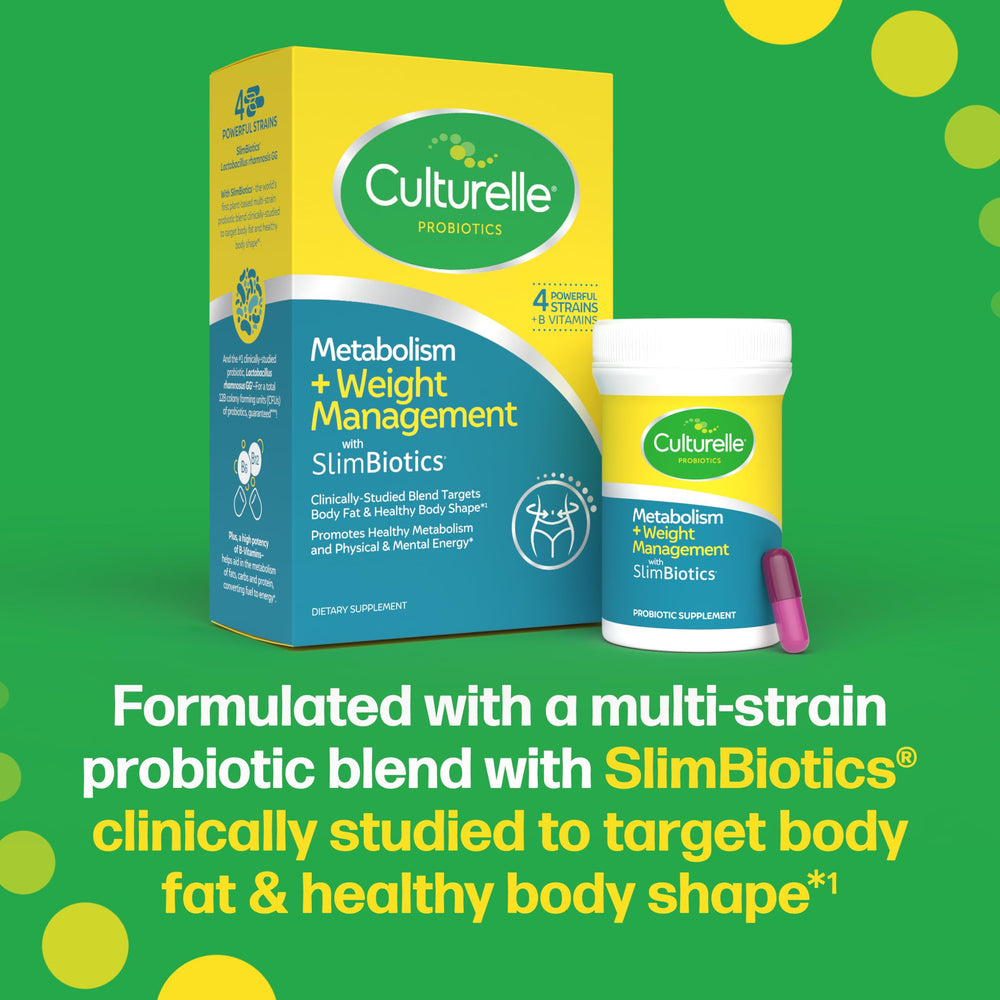 Culturelle bottle on kitchen counter next to healthy meal to show daily routine benefit