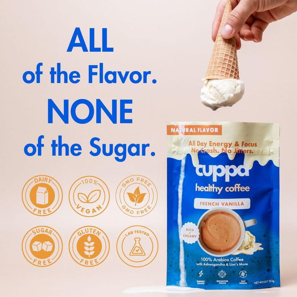 Cuppa Healthy Coffee jar next to ruler showing 30 servings scale