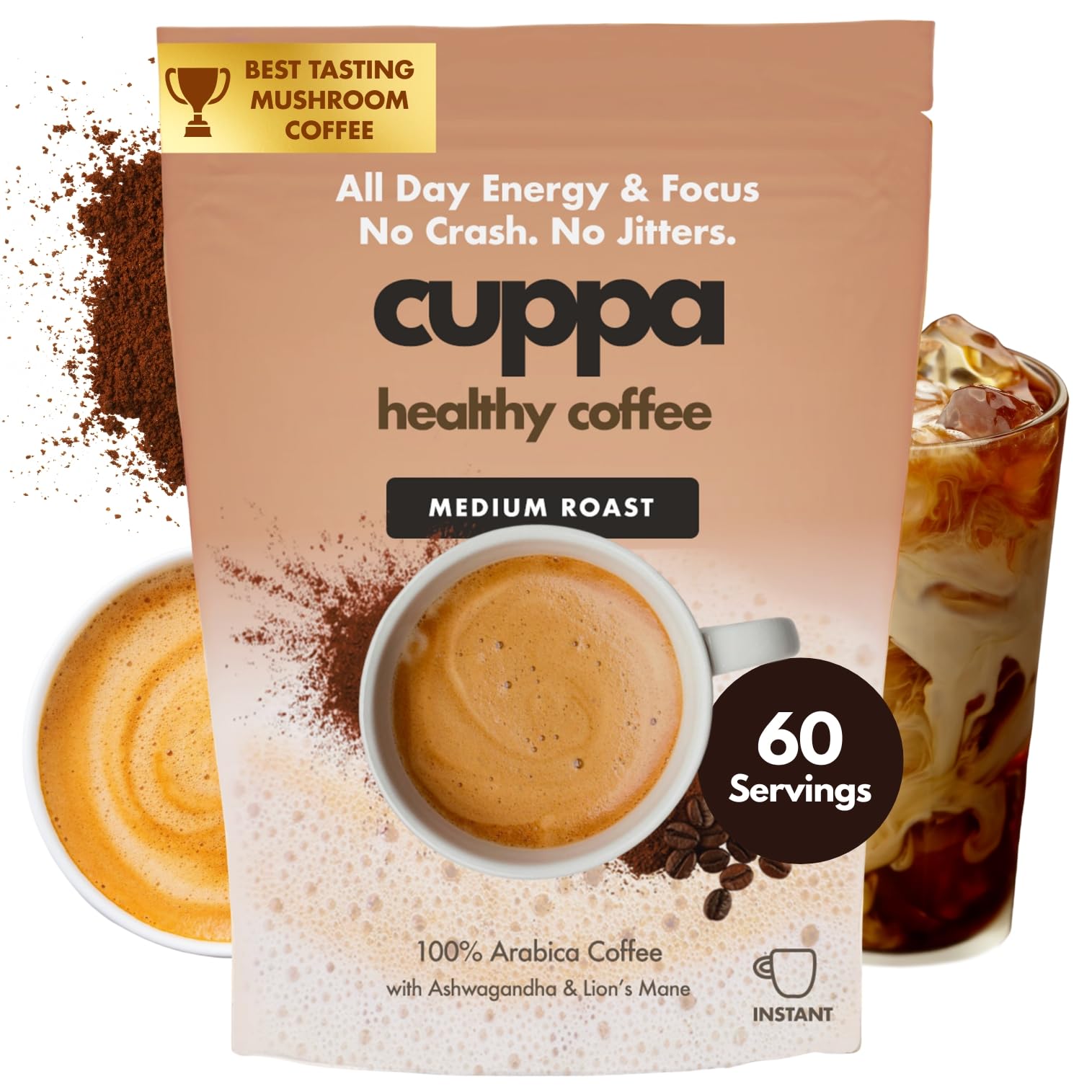 Cuppa Healthy Coffee front packaging showing product and servings benefit