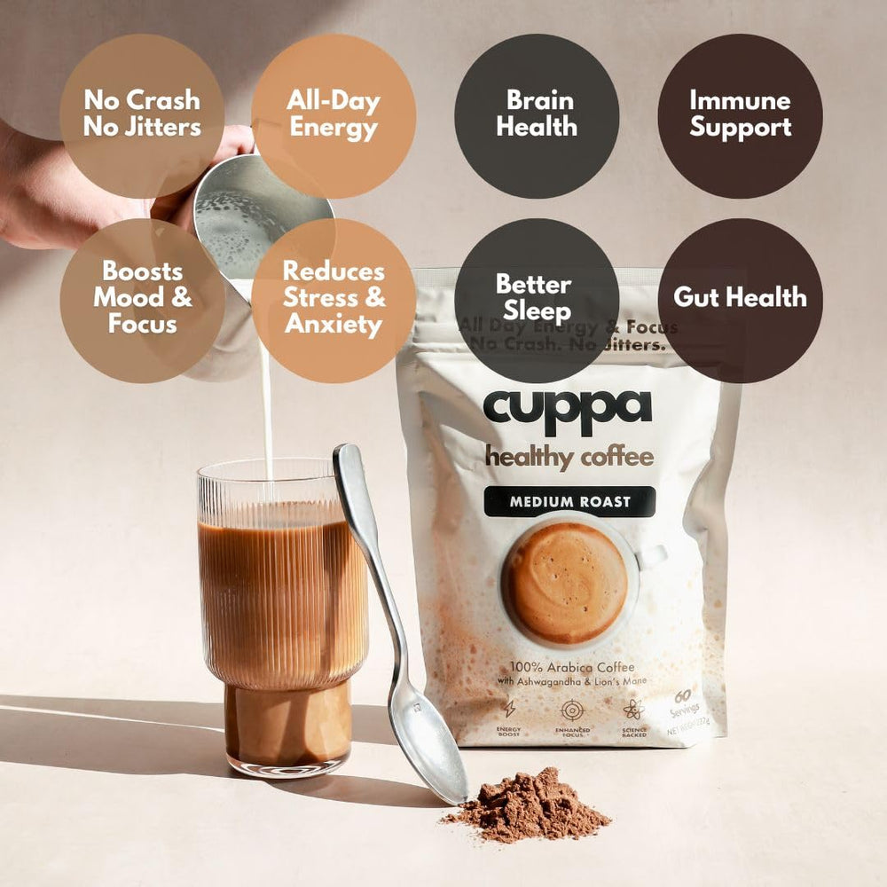 Cuppa Healthy Coffee scoop next to jar to show serving size and portability