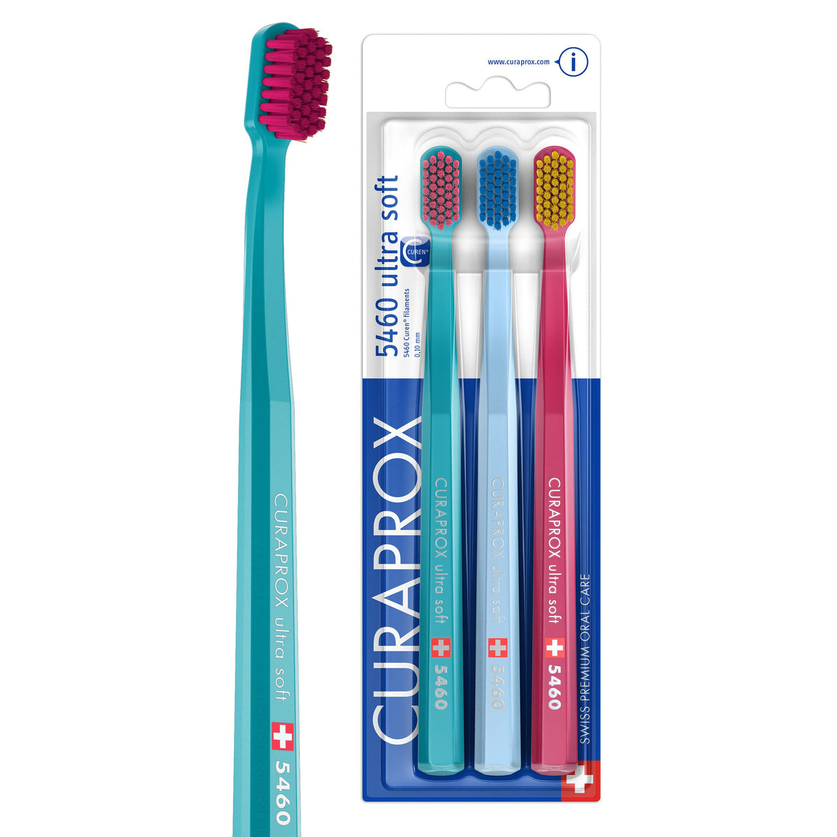 Curaprox CS 5460 front pack view showing three brushes and color mix for convenience