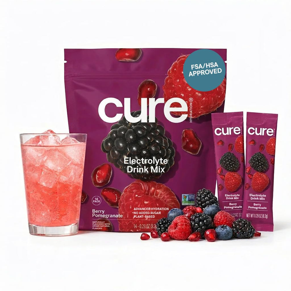 Cure Hydration front packet showing Berry Pomegranate branding and benefits