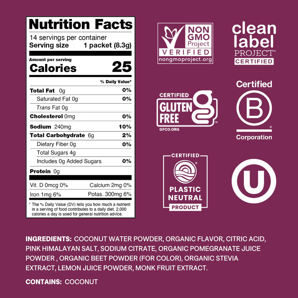 Cure Hydration packet opened to show berry pomegranate powder texture
