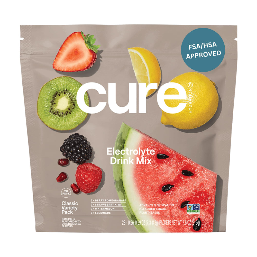 Cure Hydration classic pack front showing 28 packets and branding benefits