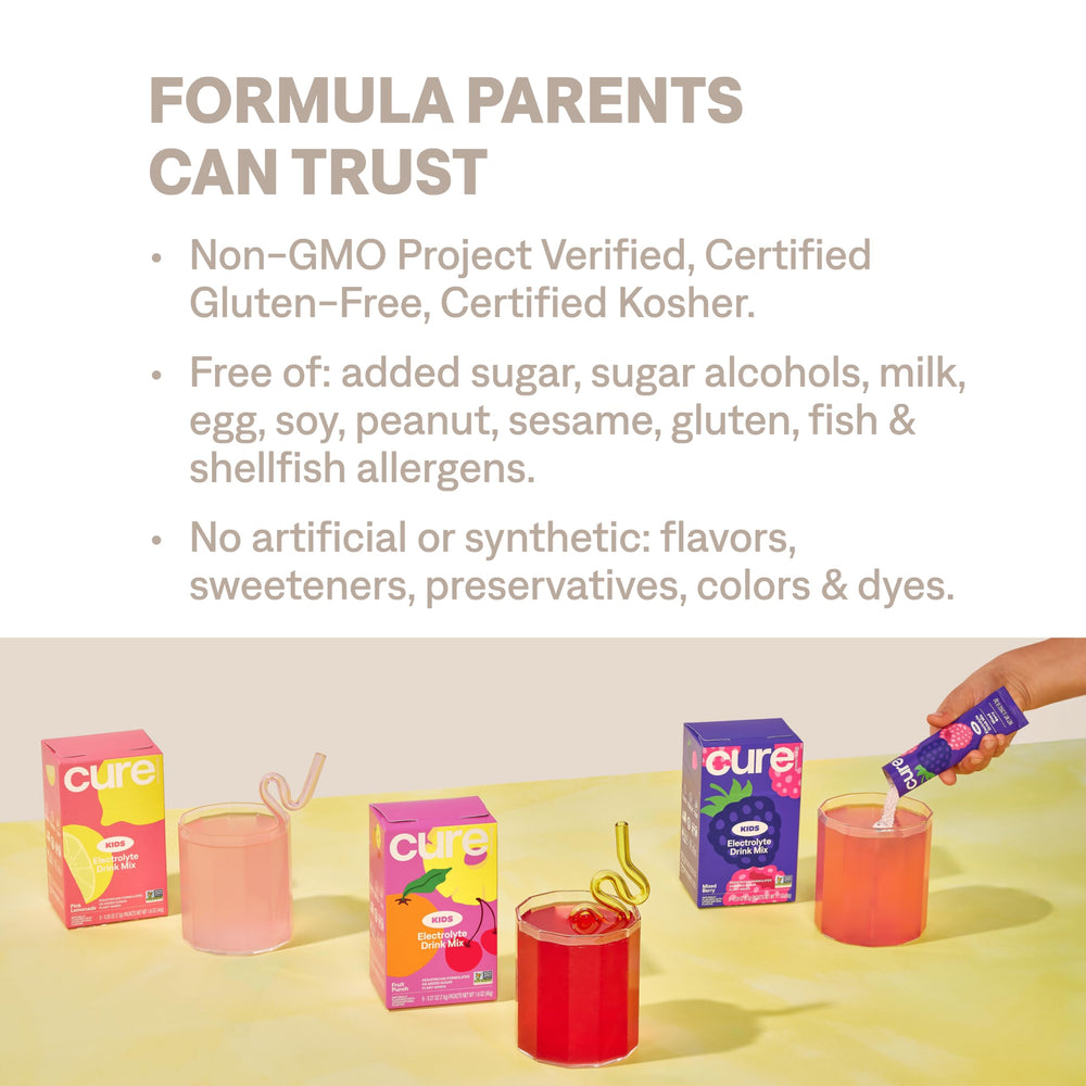 Coconut and fruit next to Cure Hydration packet showing natural ingredients