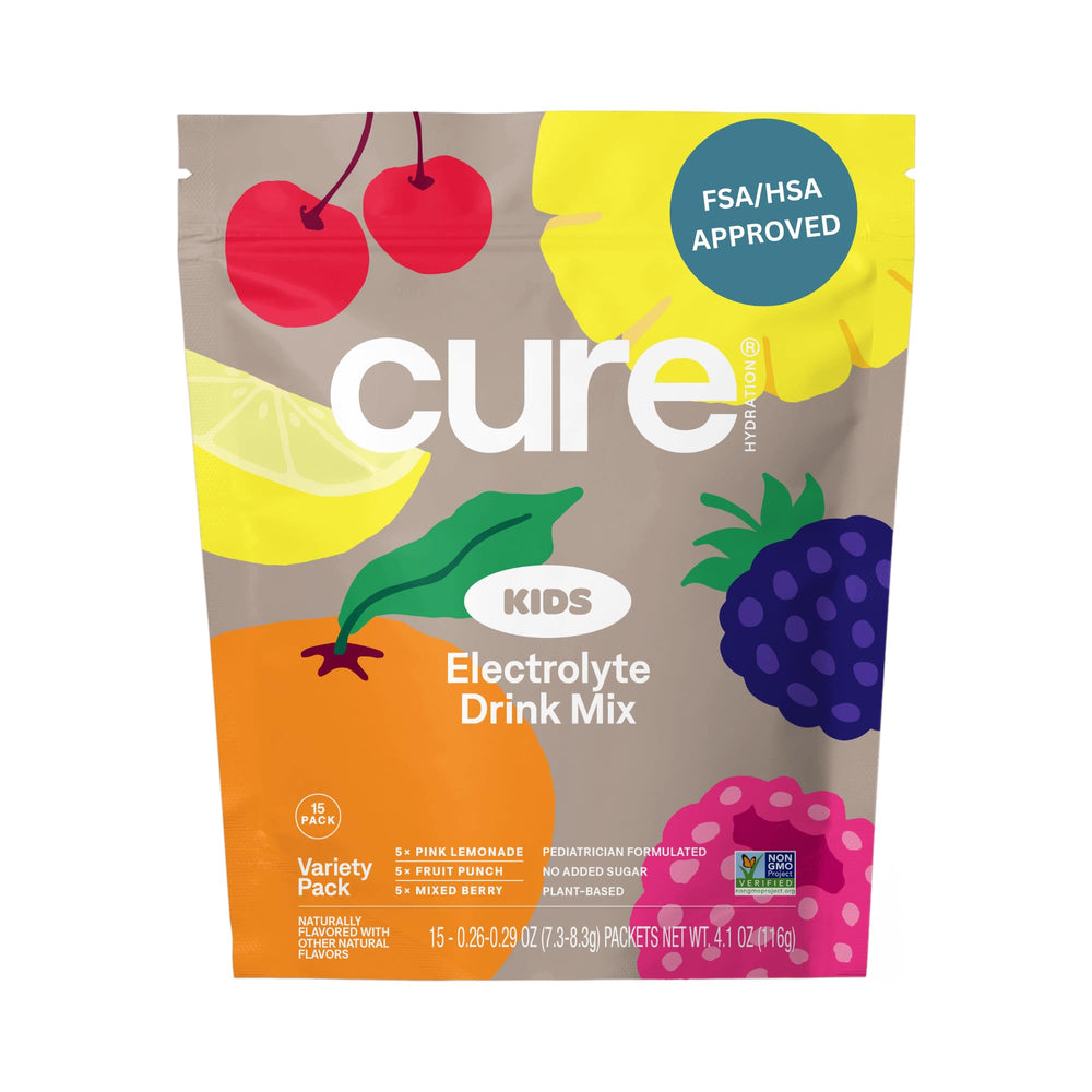 Cure Hydration front packaging showing kid-friendly variety and benefits