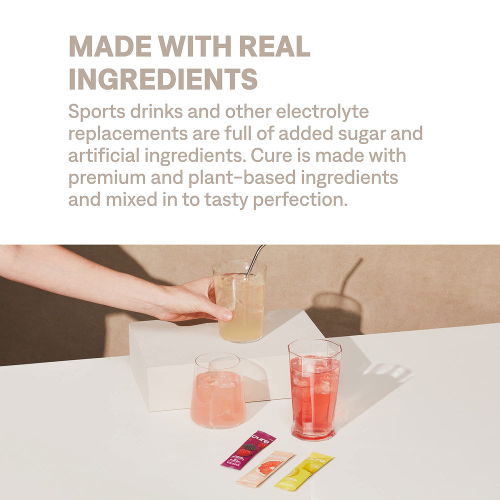 Cure Hydration nutrition label and ingredients list showing ORS-based formula benefits