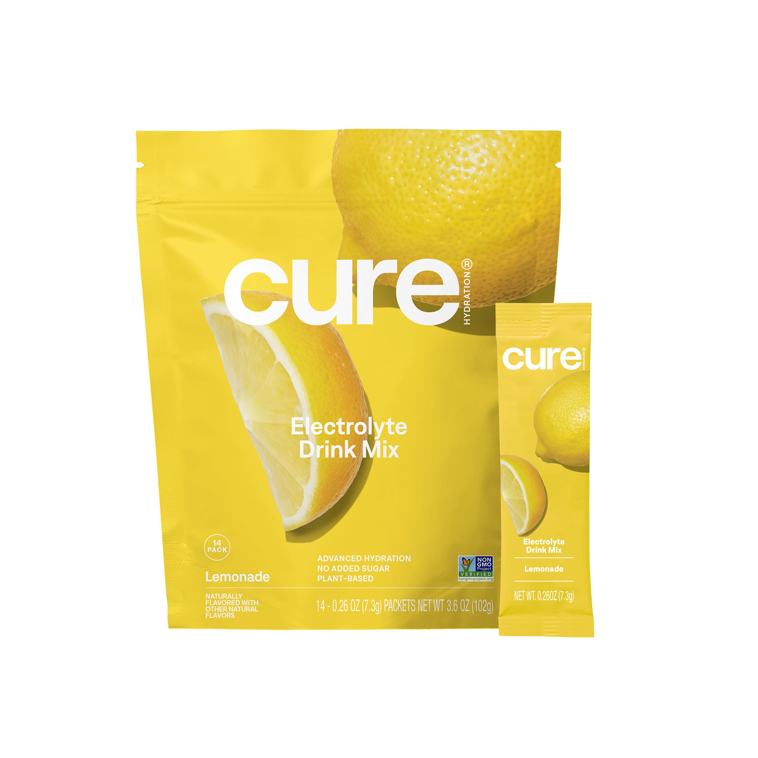 Cure Hydration front packaging showing 14 lemonade packets for quick hydration