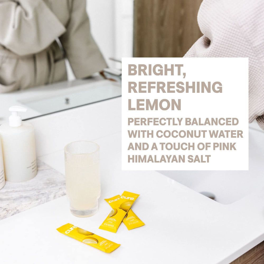 Ingredients spread with coconut water powder and lemon juice representing natural sourcing