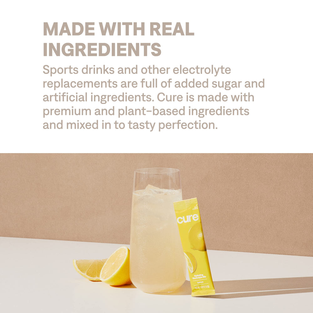 Measuring cup next to packet showing Cure Hydration serving size options and mix ratios
