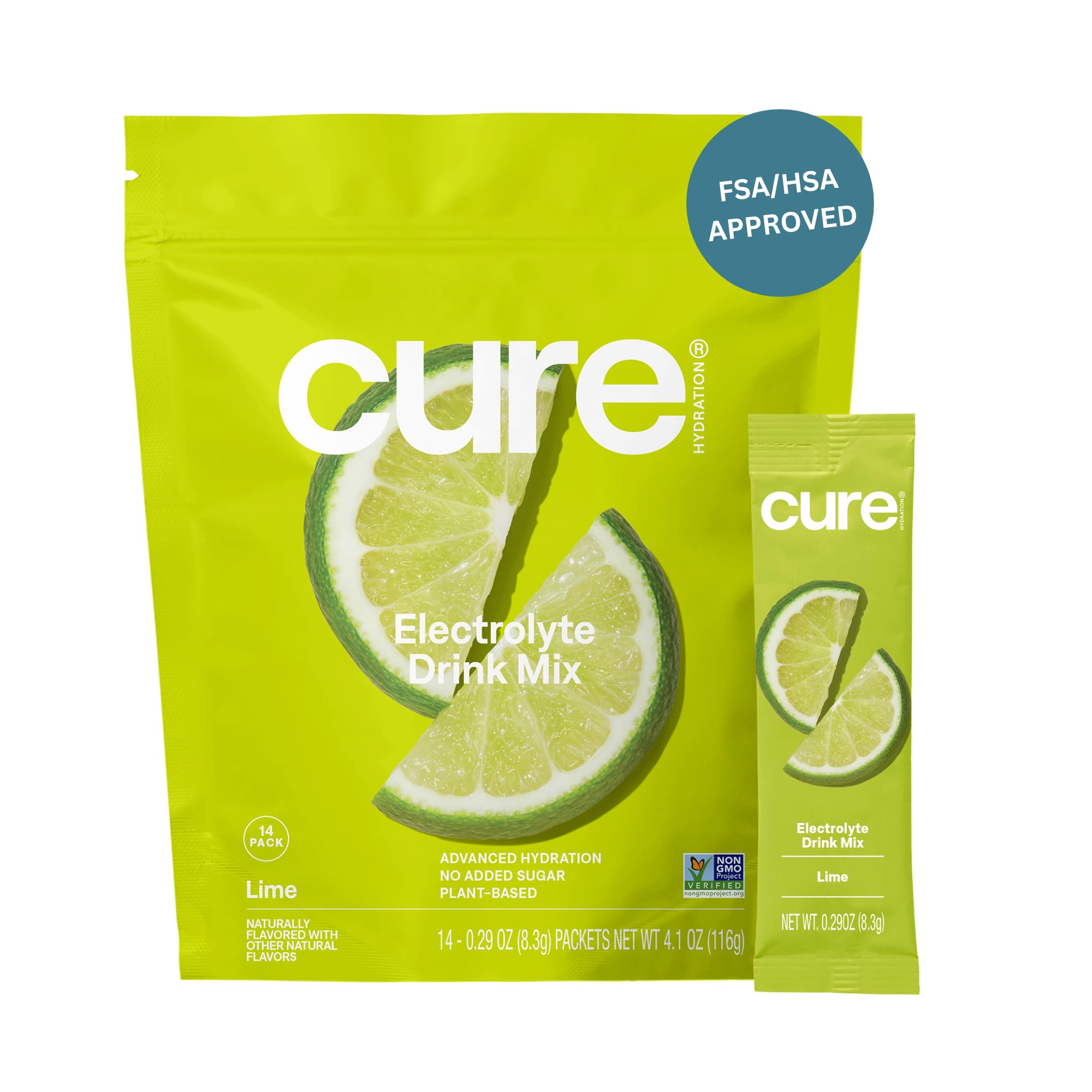 Cure Hydration lime front packaging showing 14 packets and convenience