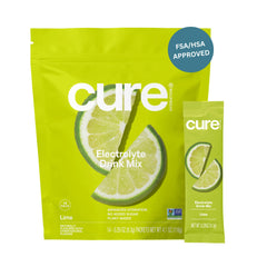 Cure Hydration lime front packaging showing 14 packets and convenience
