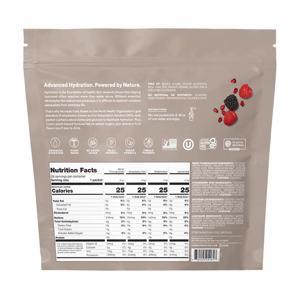 Close-up of a Cure Hydration single packet highlighting easy portability and clarity