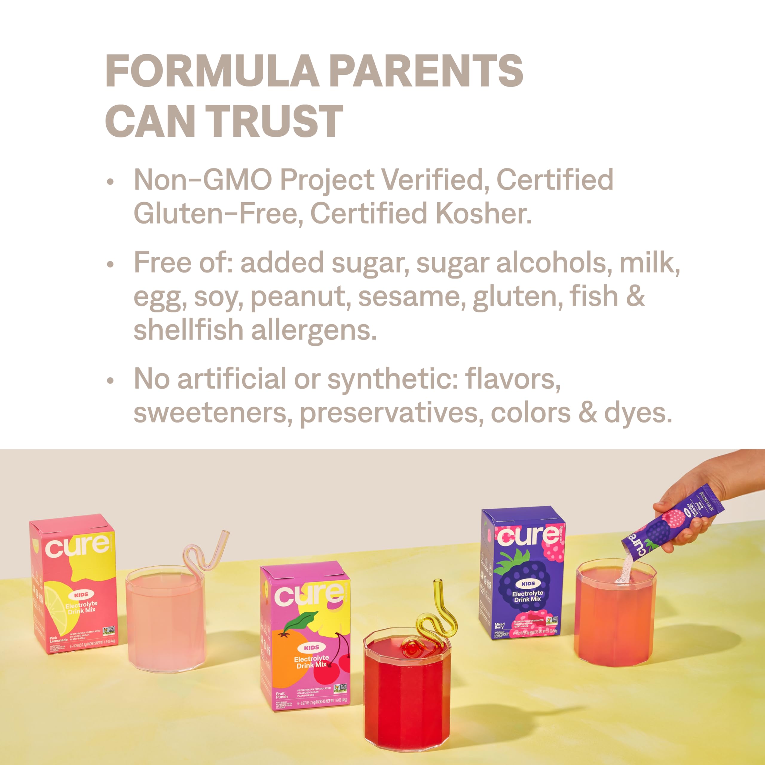 Cure Hydration packet beside measuring cup showing single-serve convenience