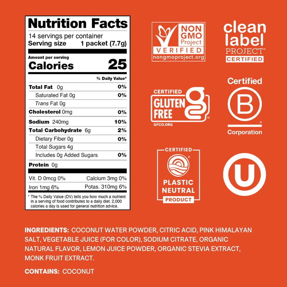 Cure Hydration open packet powder close-up showing natural ingredients
