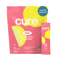 Cure Hydration front packaging showing 14 pink lemonade packets and benefits