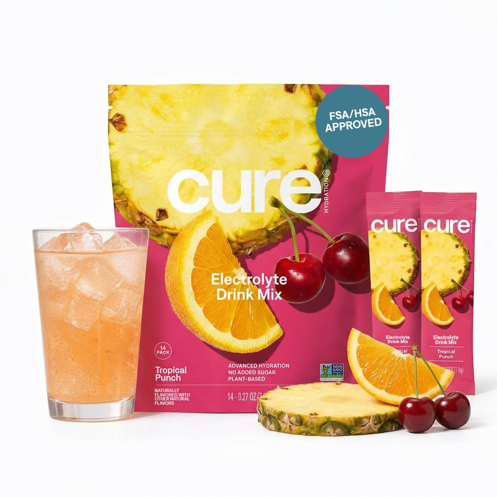 Cure Hydration front packet showing Tropical Punch branding and single-serve convenience