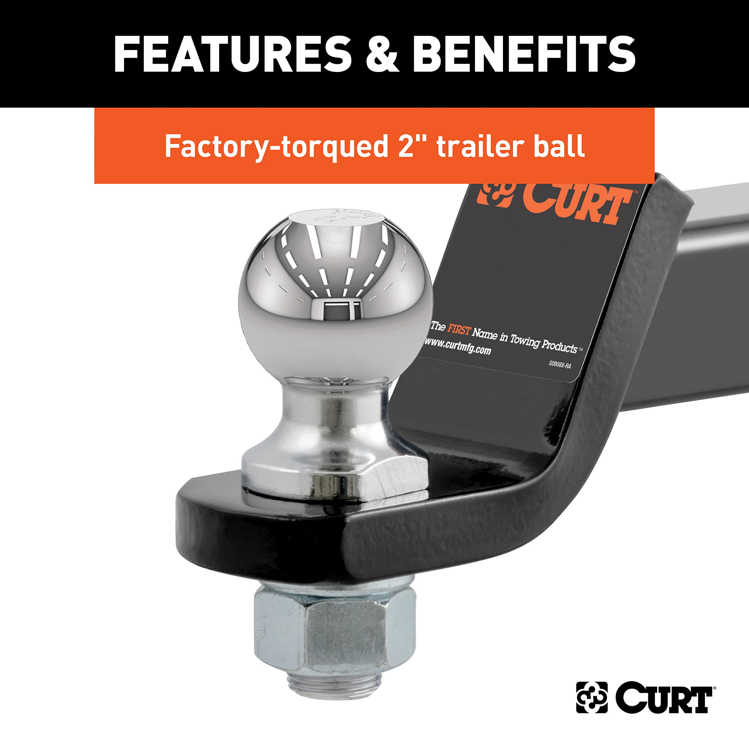 CURT ball mount beside tape measure, 7.5 inch length for tight turns