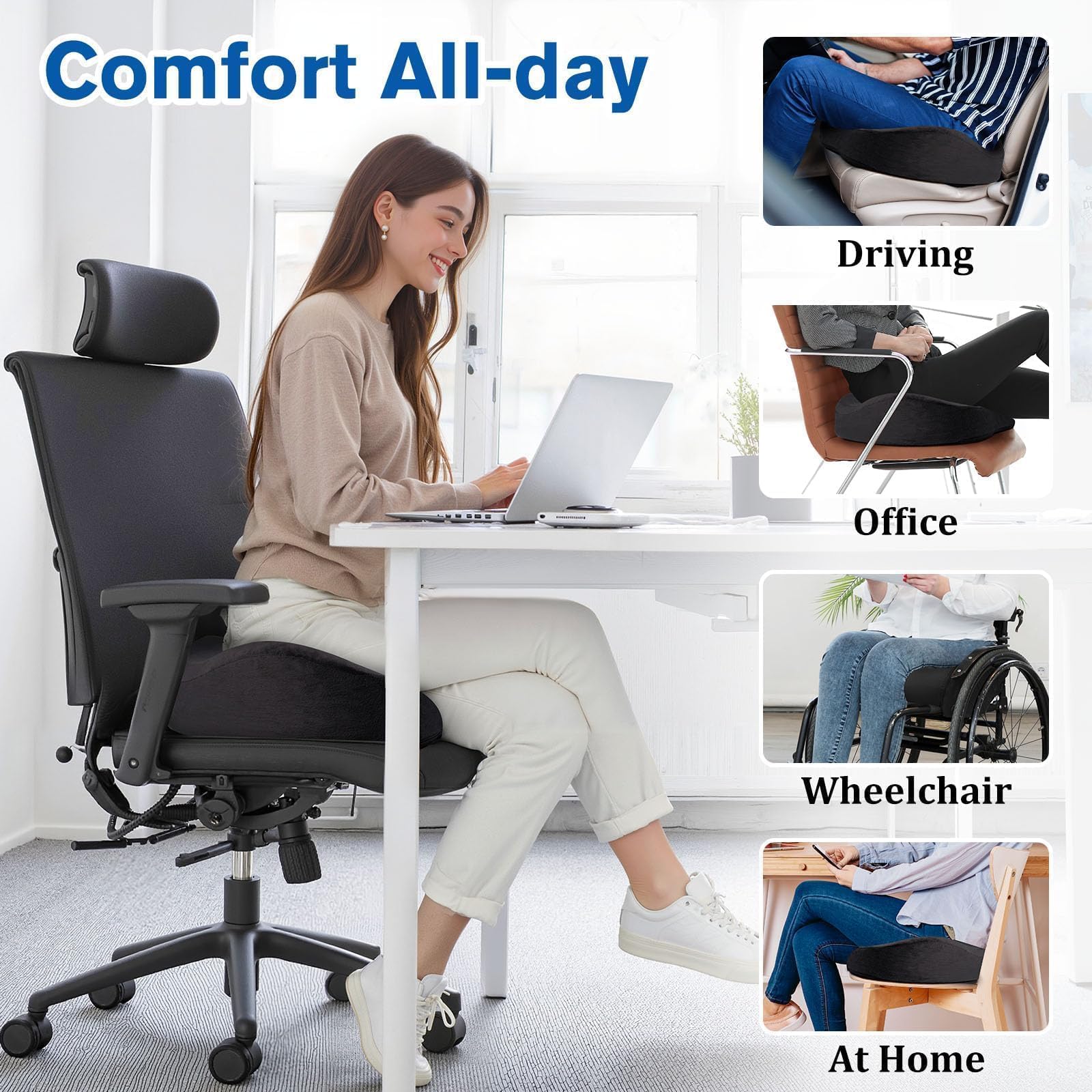 CushyOasis on an office chair demonstrating improved posture and comfort