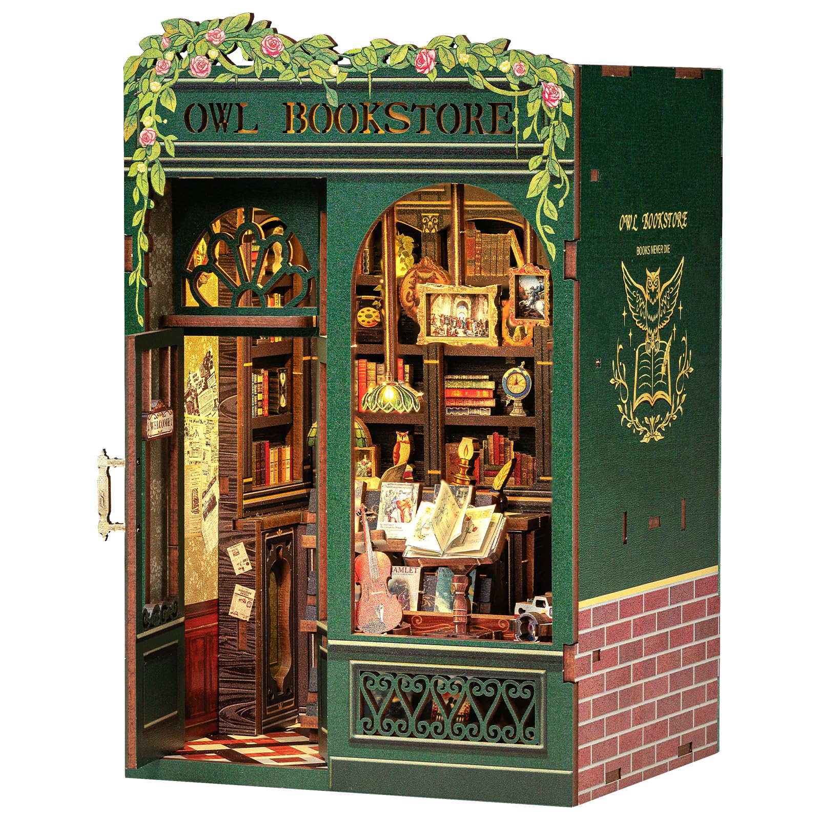 CUTEBEE Owl Bookstore front view showing finished miniature and charm