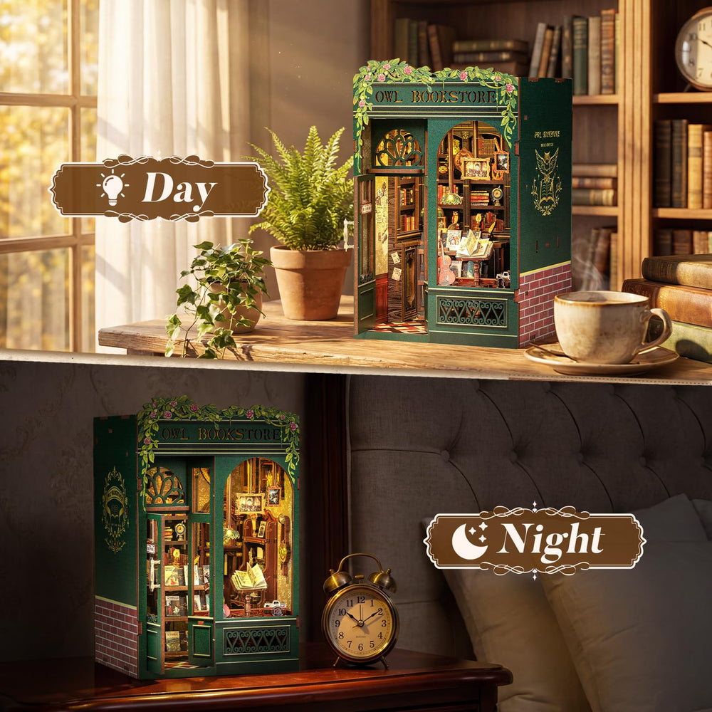 CUTEBEE Owl Bookstore placed between books demonstrating shelf fit