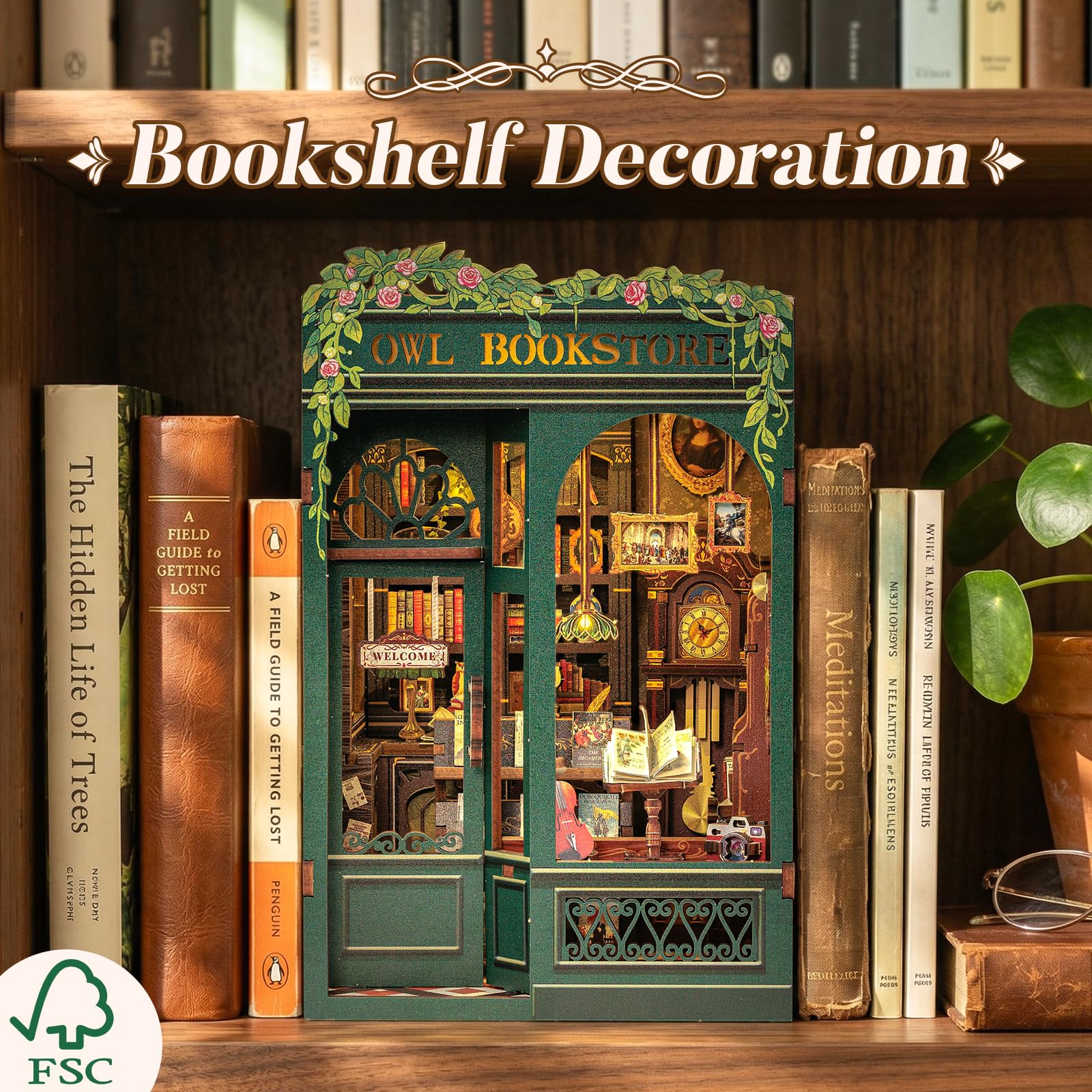 CUTEBEE Owl Bookstore interior lit to showcase atmosphere and glow