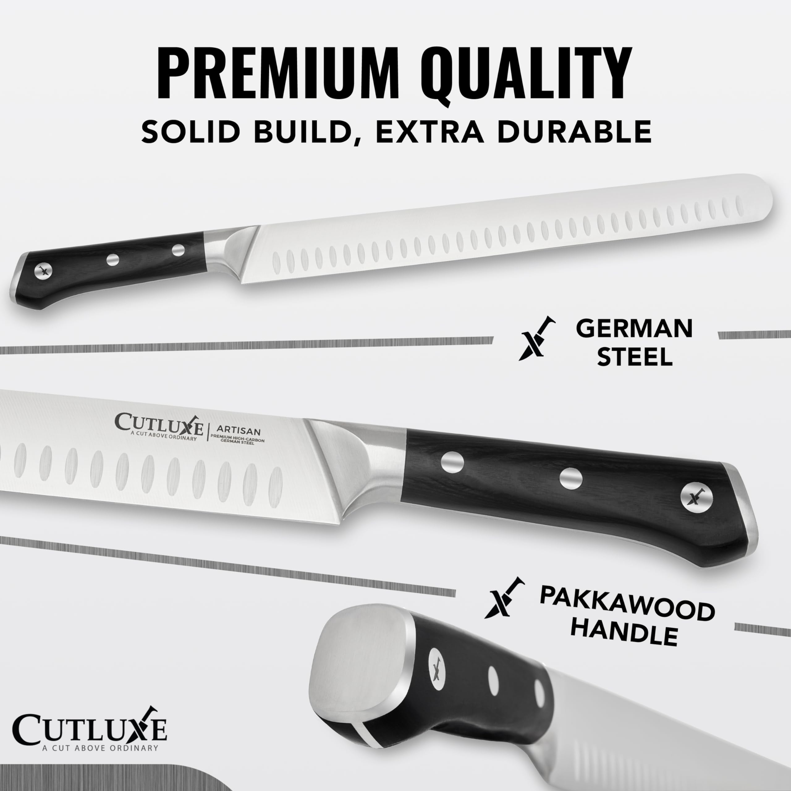 Cutluxe close-up of razor-sharp German steel blade highlighting edge for clean cuts