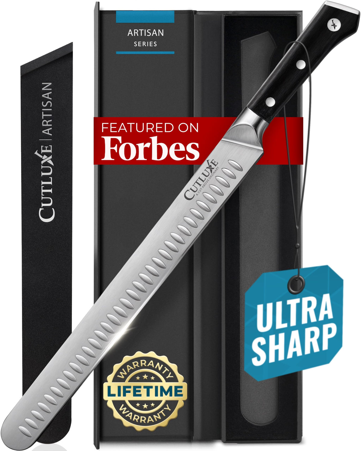 Cutluxe front view of the 12 inch brisket knife showing full blade and handle for precise slicing
