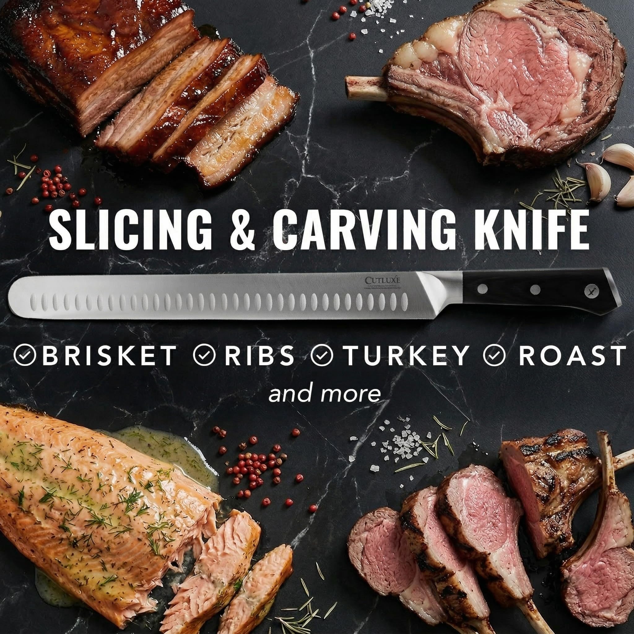 Cutluxe brisket knife slicing smoked brisket demonstrating even thin slices for serving