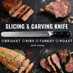 Cutluxe brisket knife slicing smoked brisket demonstrating even thin slices for serving
