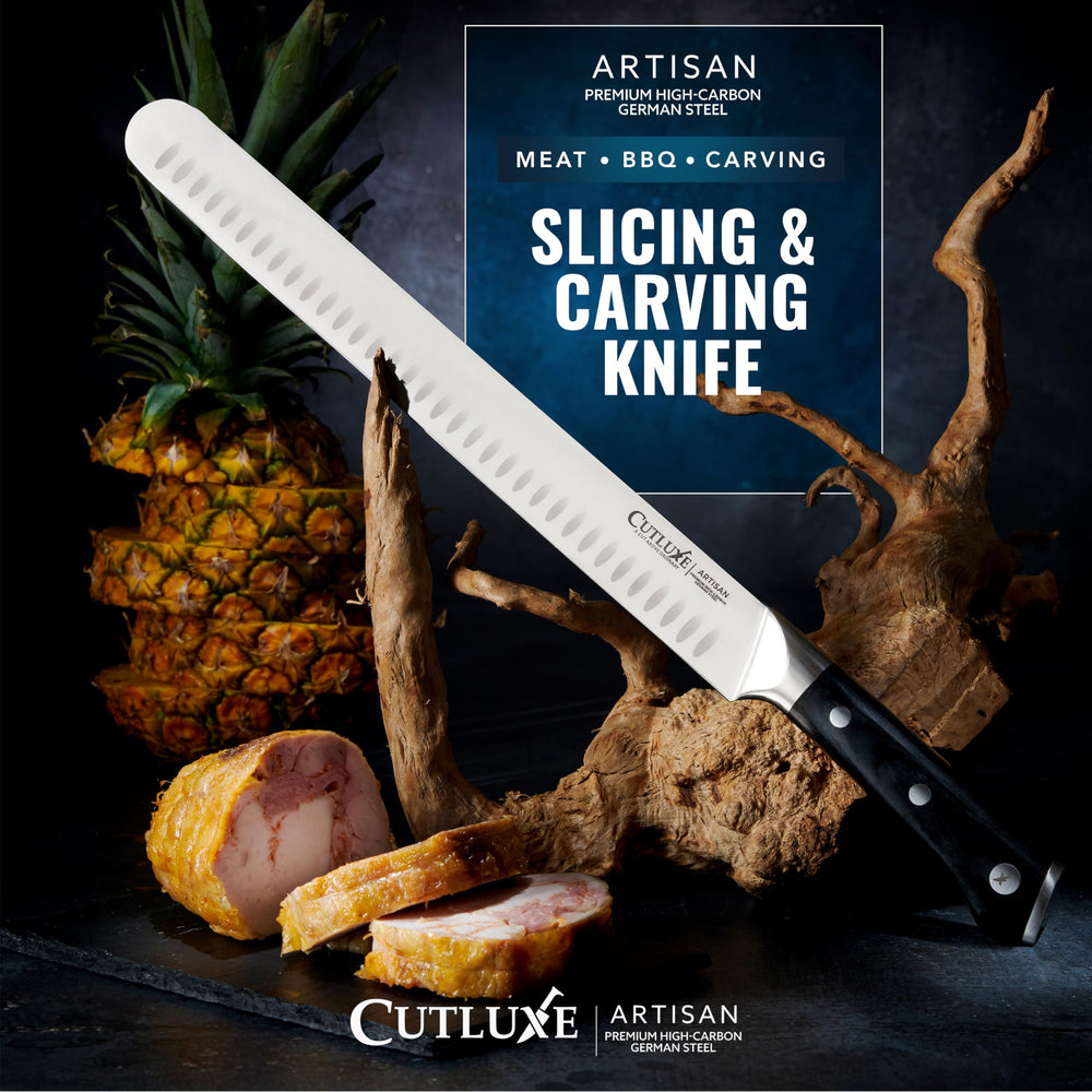 Cutluxe knife next to ruler on cutting board showing 12 inch scale for size reference
