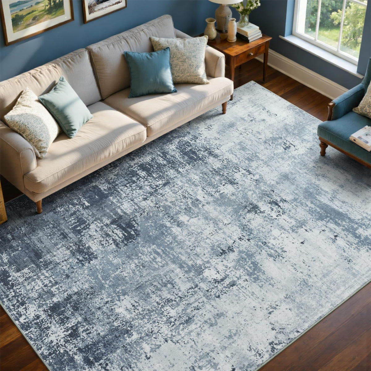 Cuzwlovita front view in living room showing modern blue pattern and cozy benefit